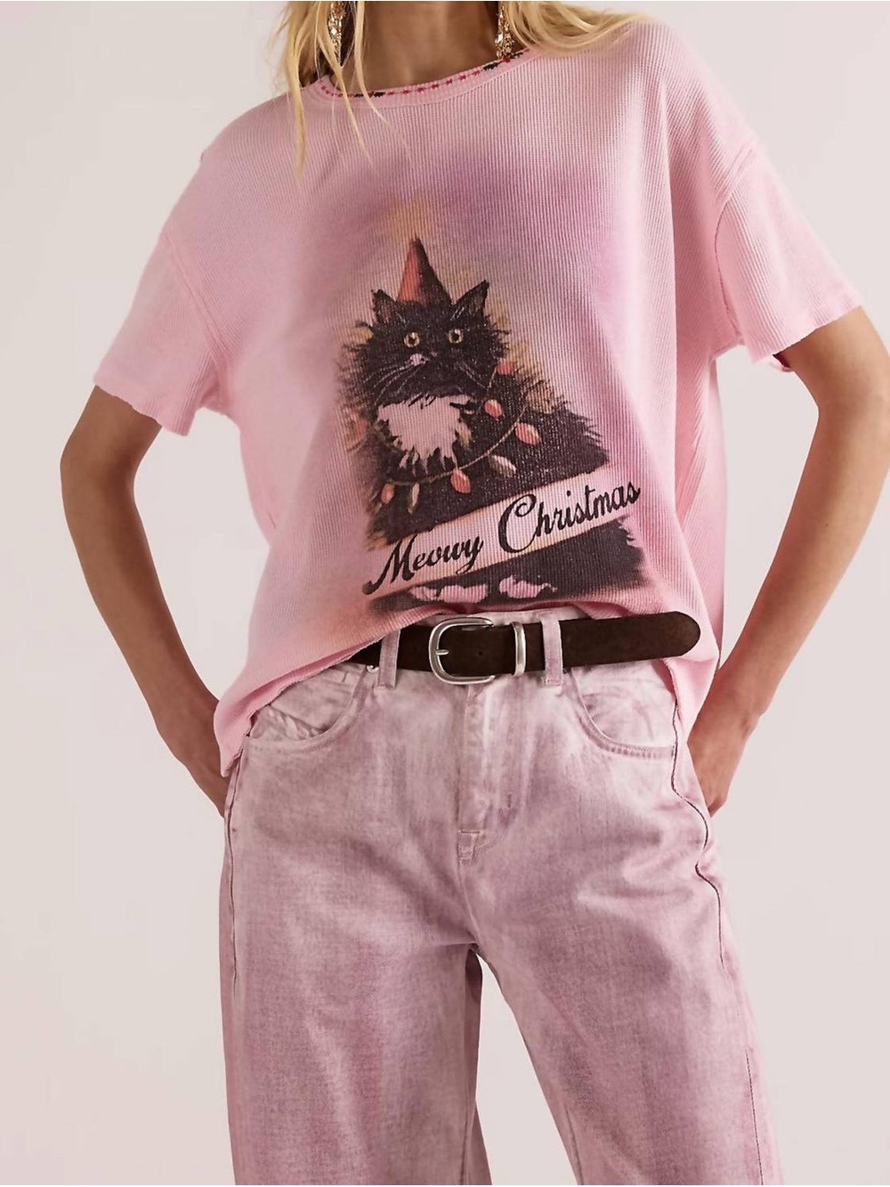 Free People Pink 'Meowy Christmas' Cat Graphic Tee - Pink (313)